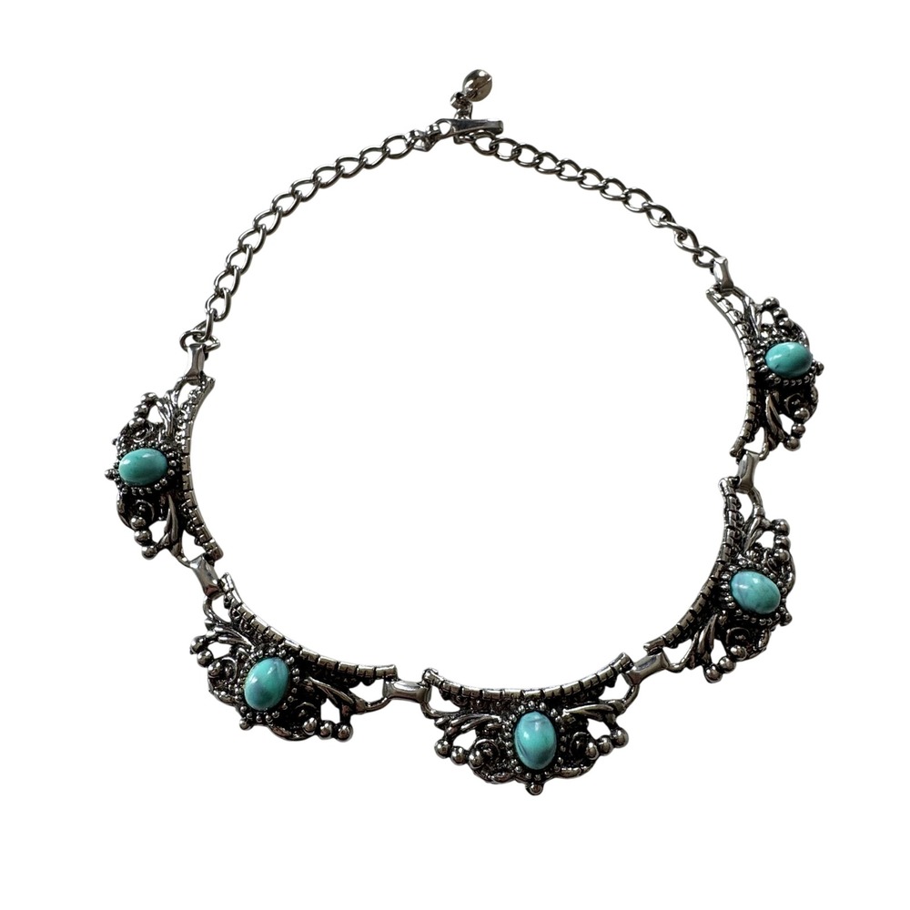 Vintage 1970s Boho Festival Faux Turquoise Silver Collar Statement Necklace